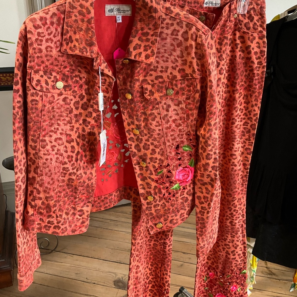 Blumarine Vibrant Red Animal Print Flare Jeans